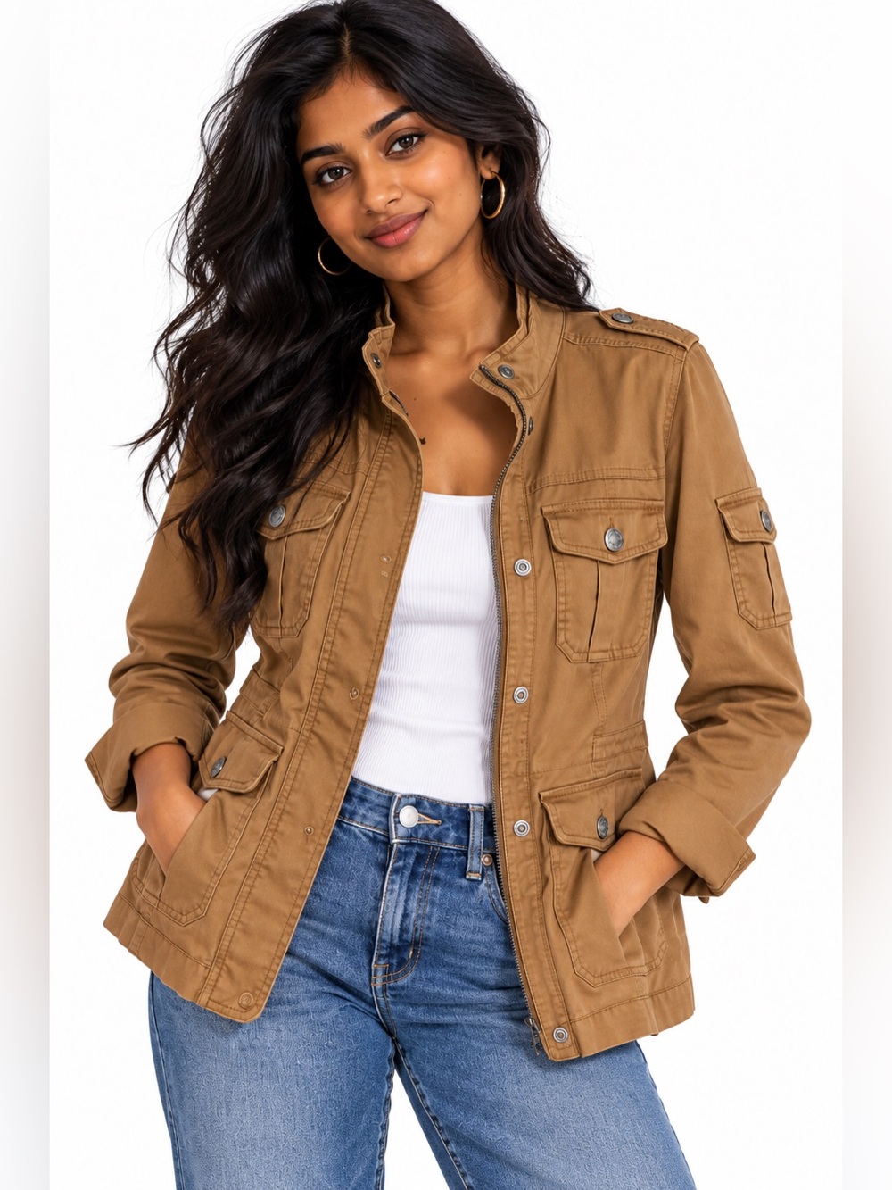 Kensie Jeans Utility Safari Jacket Camel Tan Size M